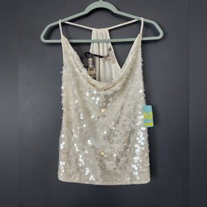 Forever 21 New NWT 2010s Sequined Cowl Neck Cream Top, Y2K